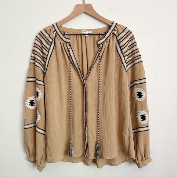 Violet & Grace Tops - Violet & Grace Embroidered Button Up Top Tan Size M